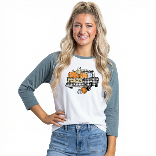 Farm Fresh Buffalo Plaid Truck  3/4 Sleeve T-Shirt