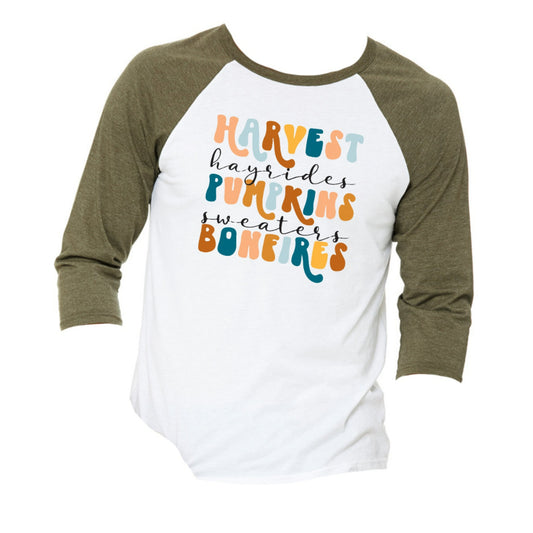 Harvest, Hayrides, Pumpkins, Sweaters, Bonfires  3/4 Sleeve T-Shirt S