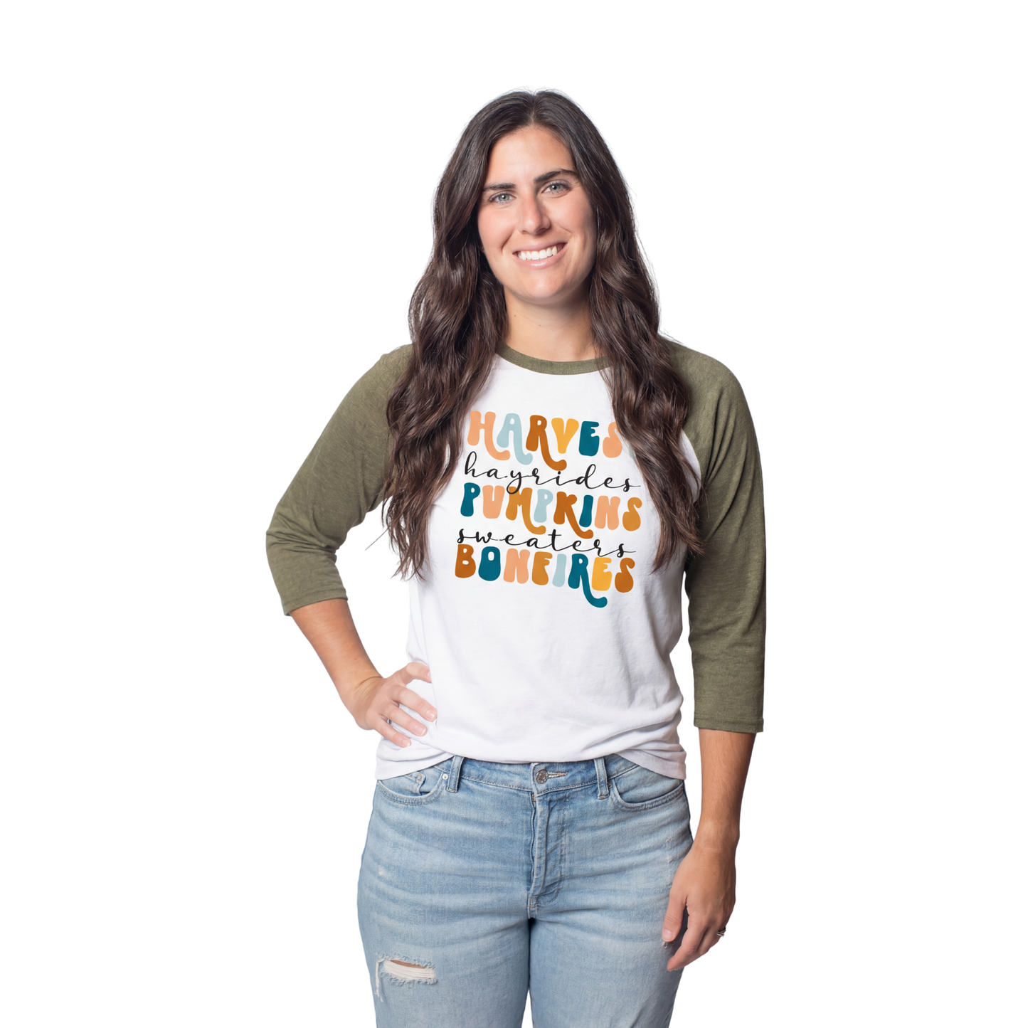 Harvest, Hayrides, Pumpkins, Sweaters, Bonfires  3/4 Sleeve T-Shirt