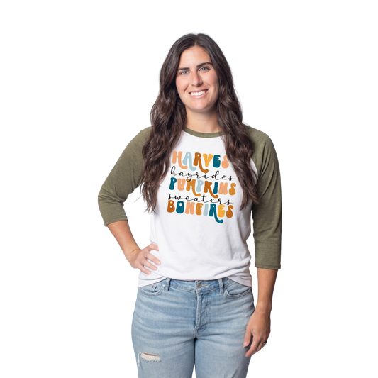 Harvest, Hayrides, Pumpkins, Sweaters, Bonfires  3/4 Sleeve T-Shirt