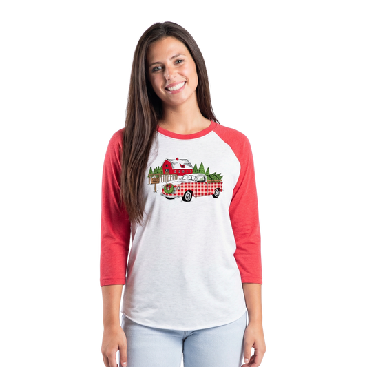 Gingham Truck Christmas 3/4 Sleeve T-Shirt