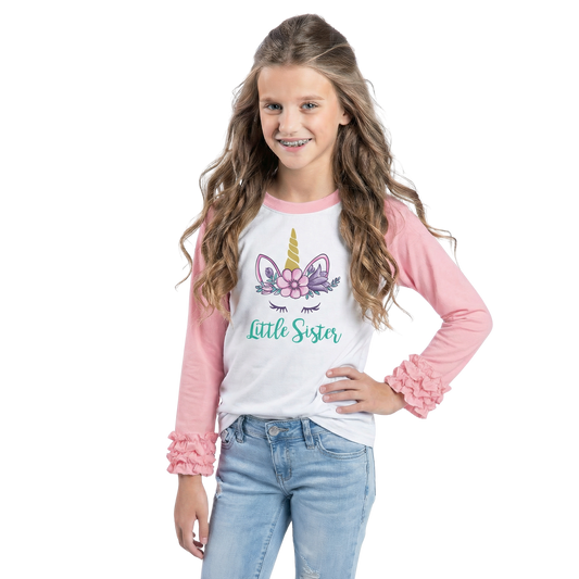 Kids Little Sister Unicorn 3/4 Sleeve T-Shirt - Pink Ruffle & White