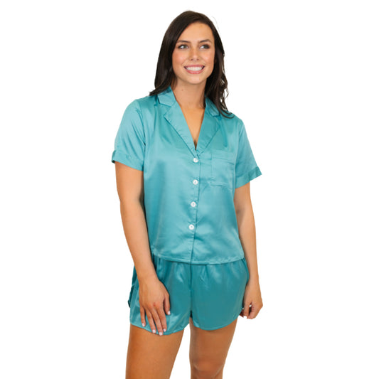 Here's the Deal, Teal Satin Pajama Short Set