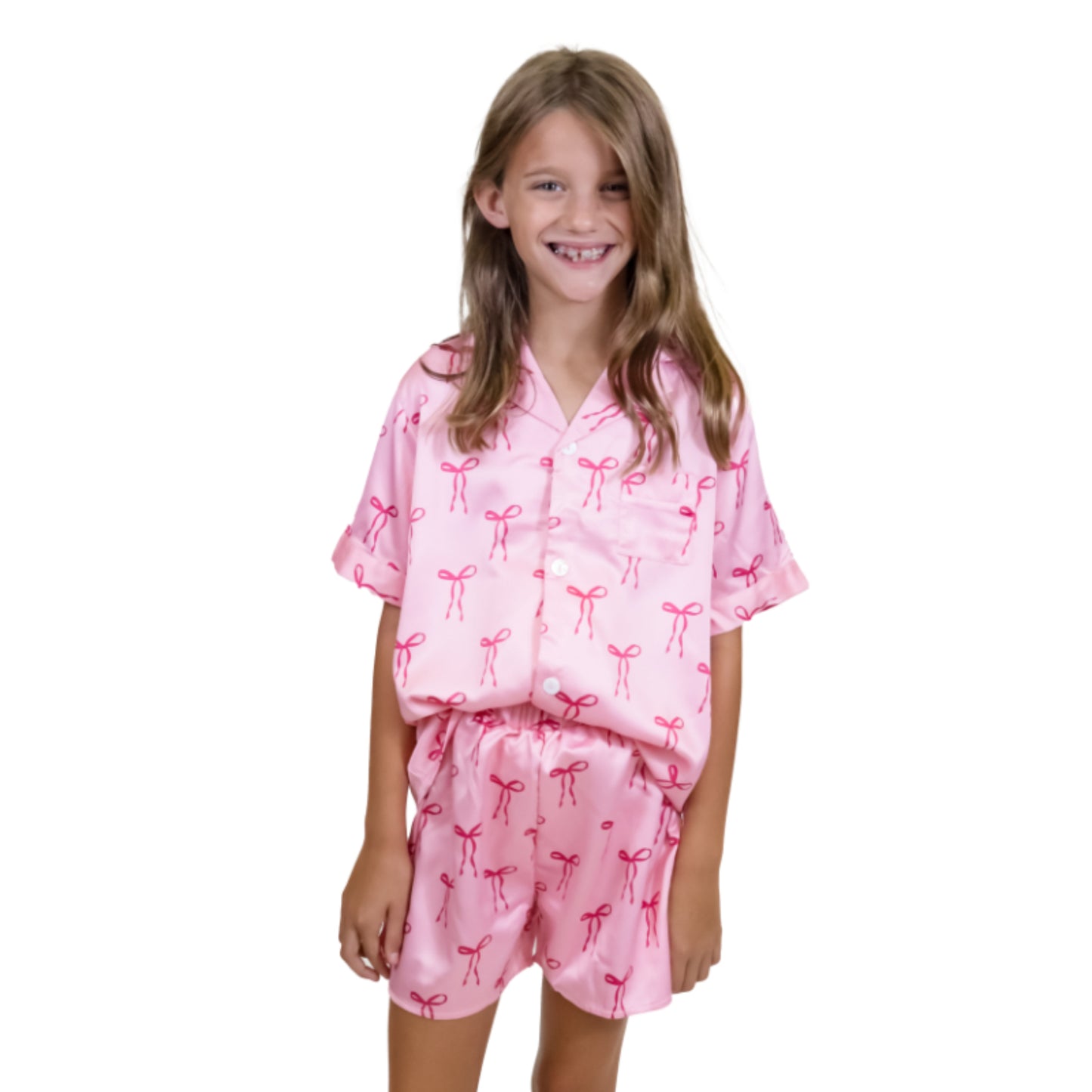 Kids Tied with a Bow Satin Pajama Short Set