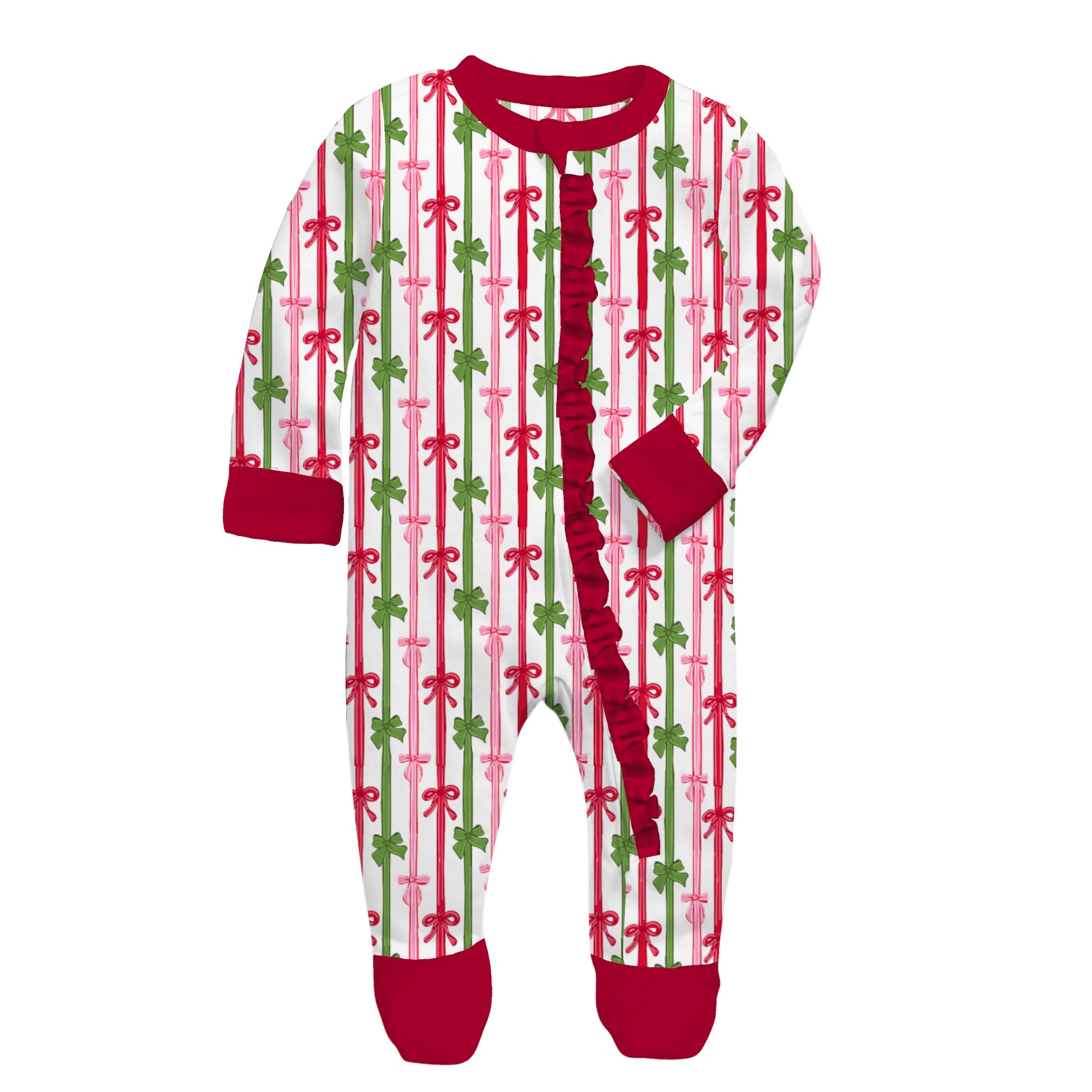 Kids Bow-tiful Christmas Bamboo Front Zip Onesie with ruffle NB