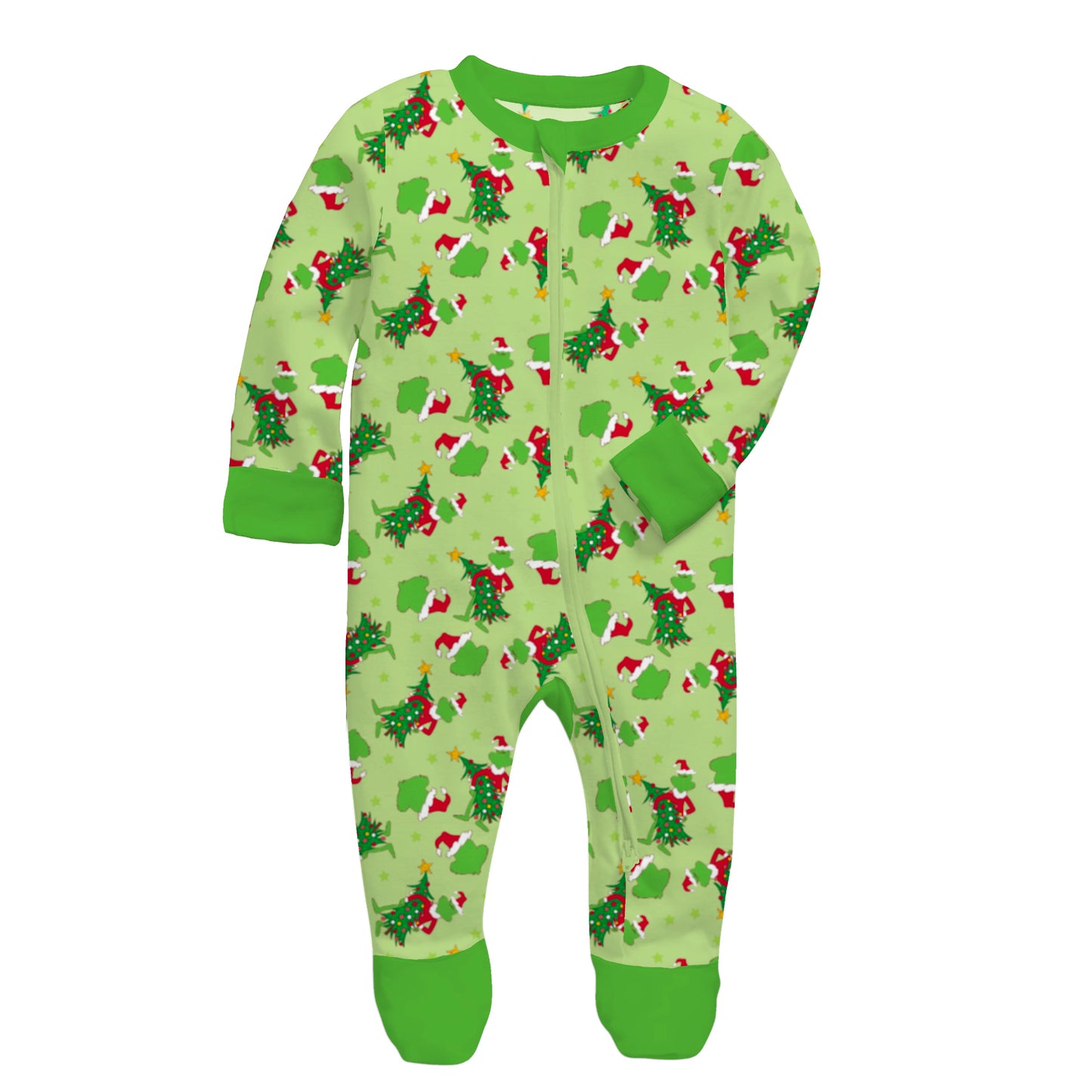 Kids Green Merry Mischief Bamboo Front Zip Onesie NB
