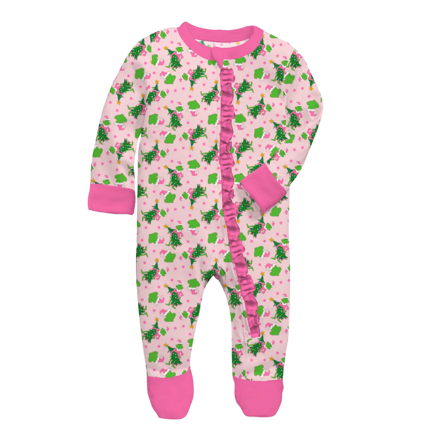 Kids Pink Merry Mischief Bamboo Front Zip Onesie with ruffle NB