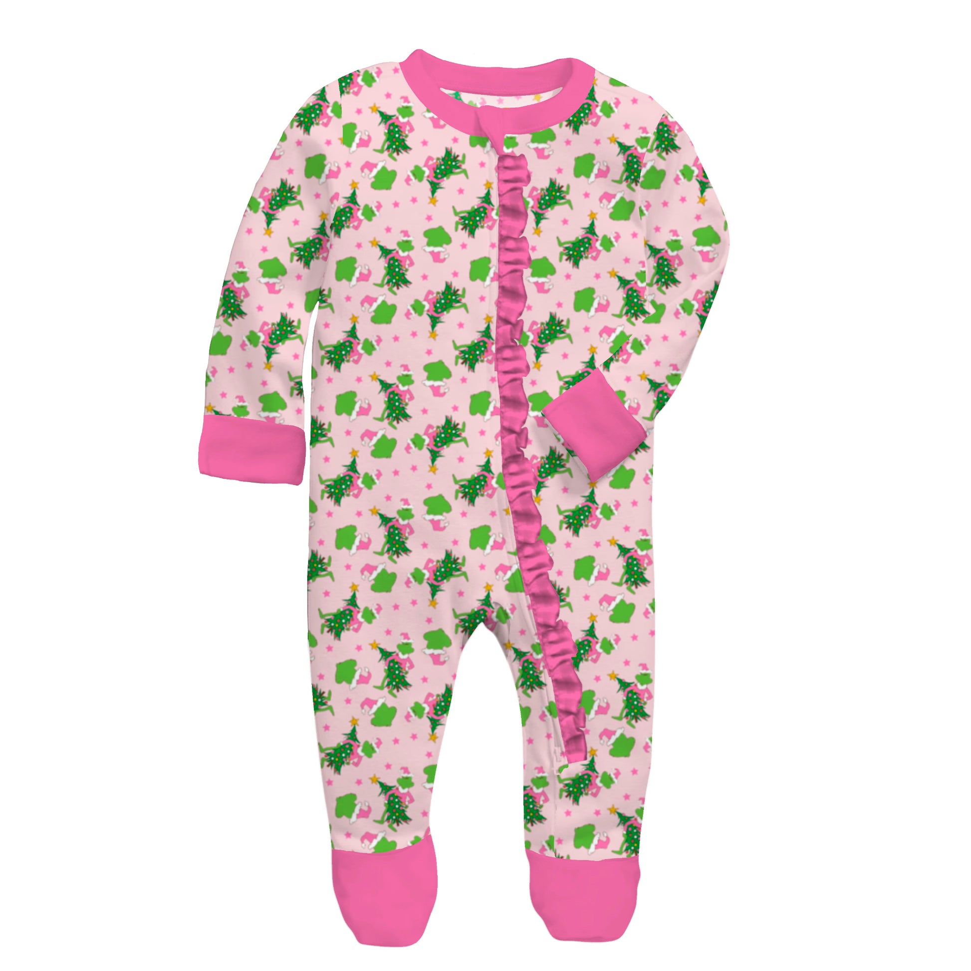 Kids Pink Merry Mischief Bamboo Front Zip Onesie with ruffle NB