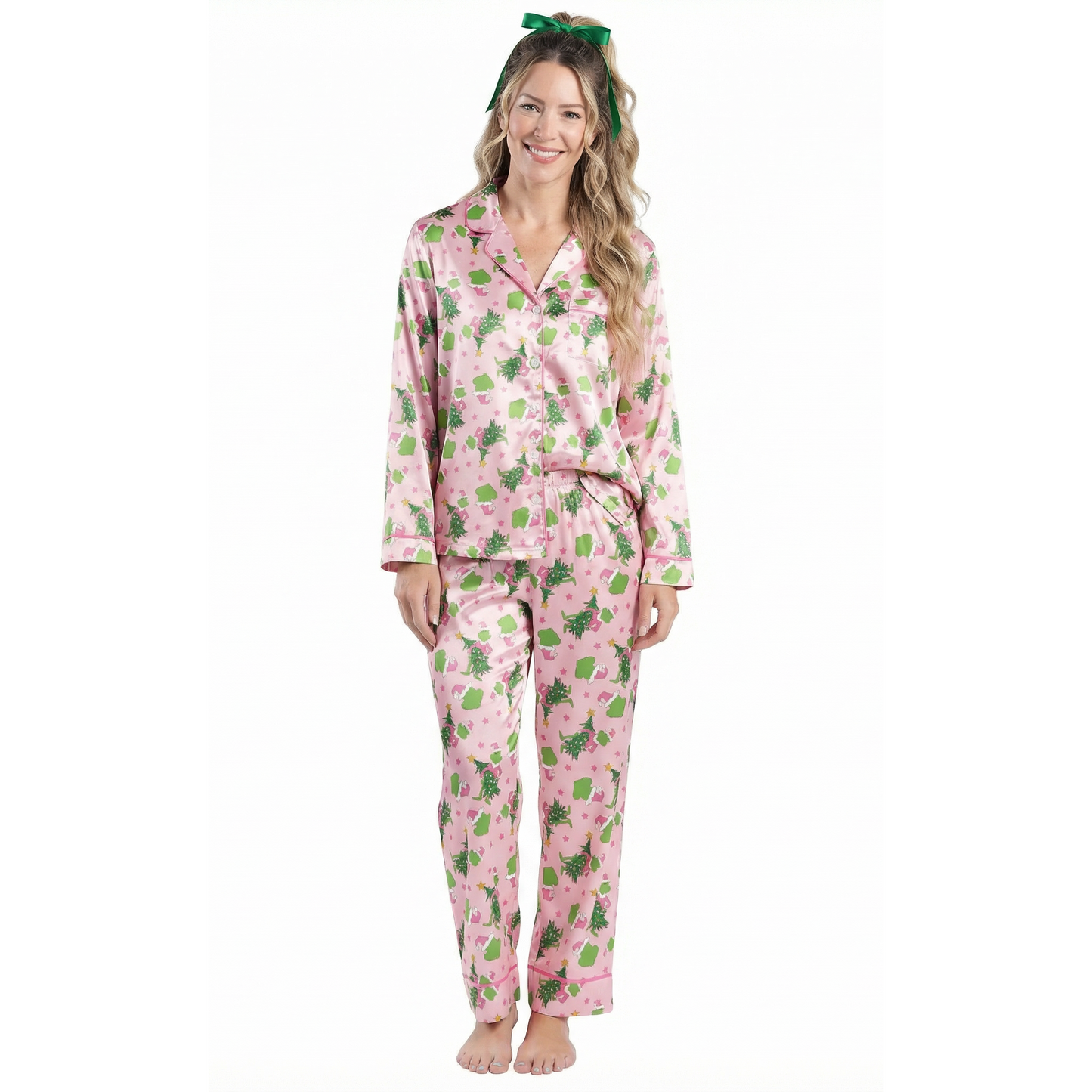Pink Merry Mischief Satin Pajama Long Sleeve Set