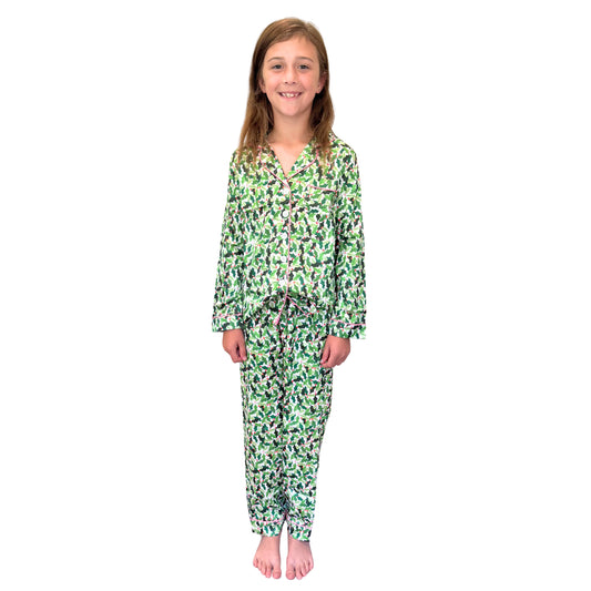 Kids Boughs of Holly Satin Pajama Long Sleeve Set S