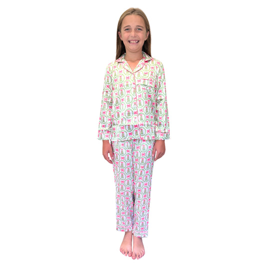 Kids Pink Christmas Cheer Satin Pajama Long Sleeve Set S