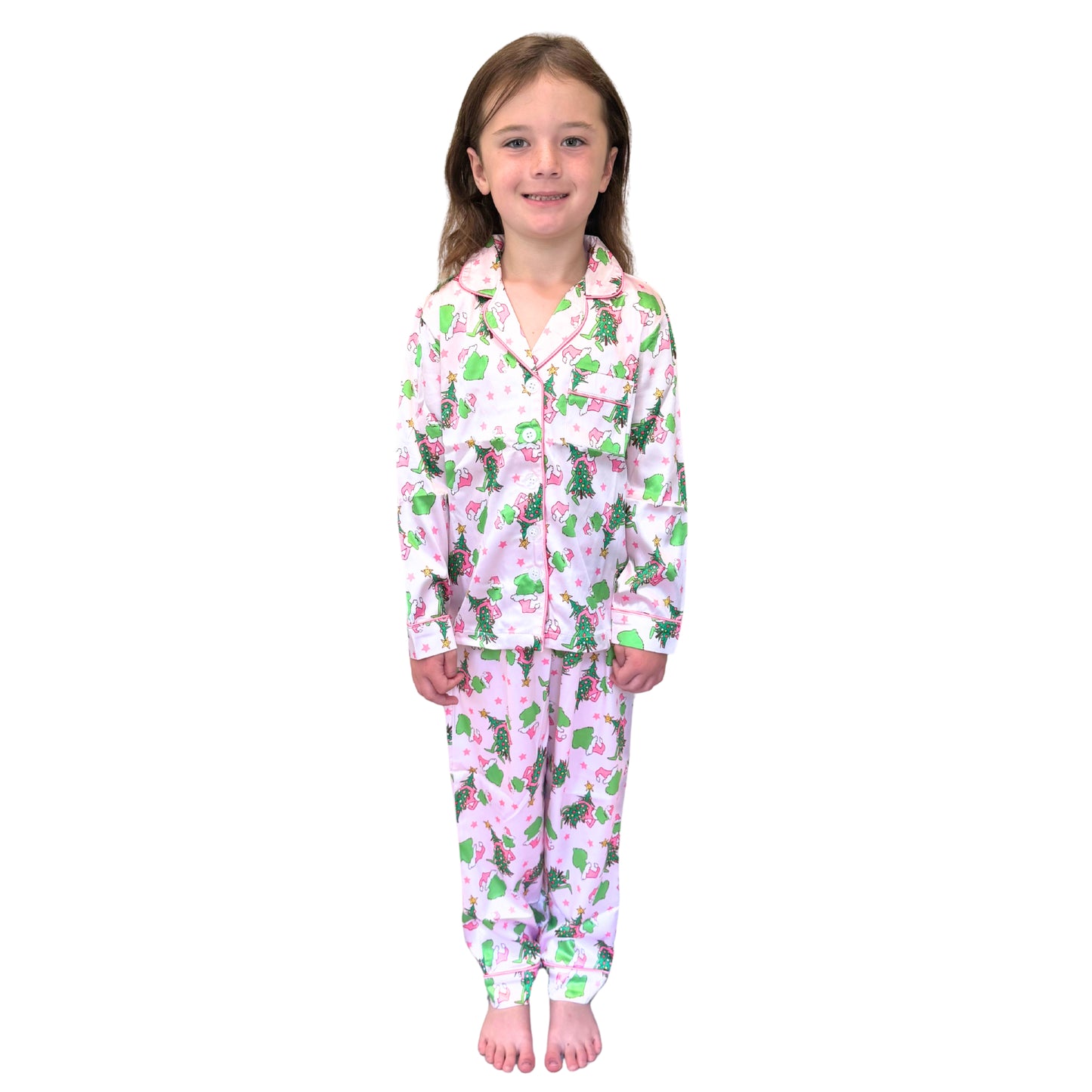 Kids Pink Merry Mischief Satin Pajama Long Sleeve Set S
