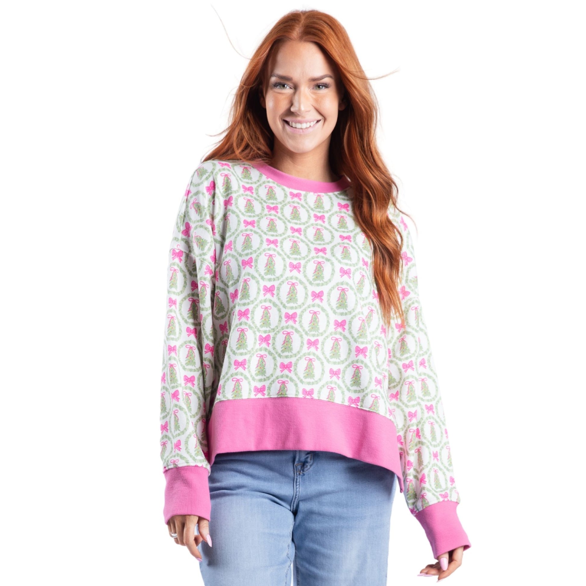 Pink Christmas Cheer White Crew Neck Sweatshirt S