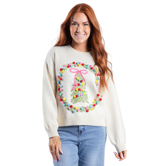 Pink Christmas Cheer Cream Crew Neck Sweater S