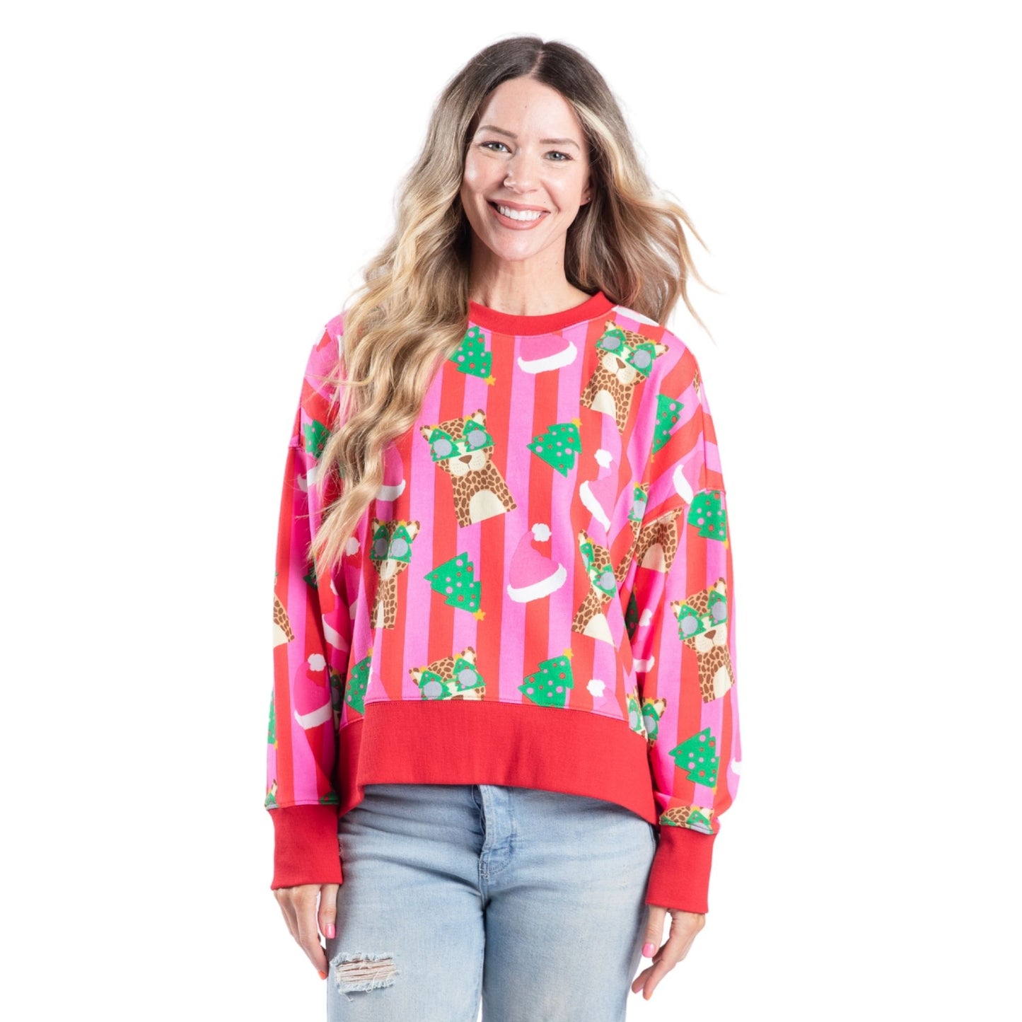 Jolly Jungle Red, Pink Striped Crew Neck Sweatshirt S