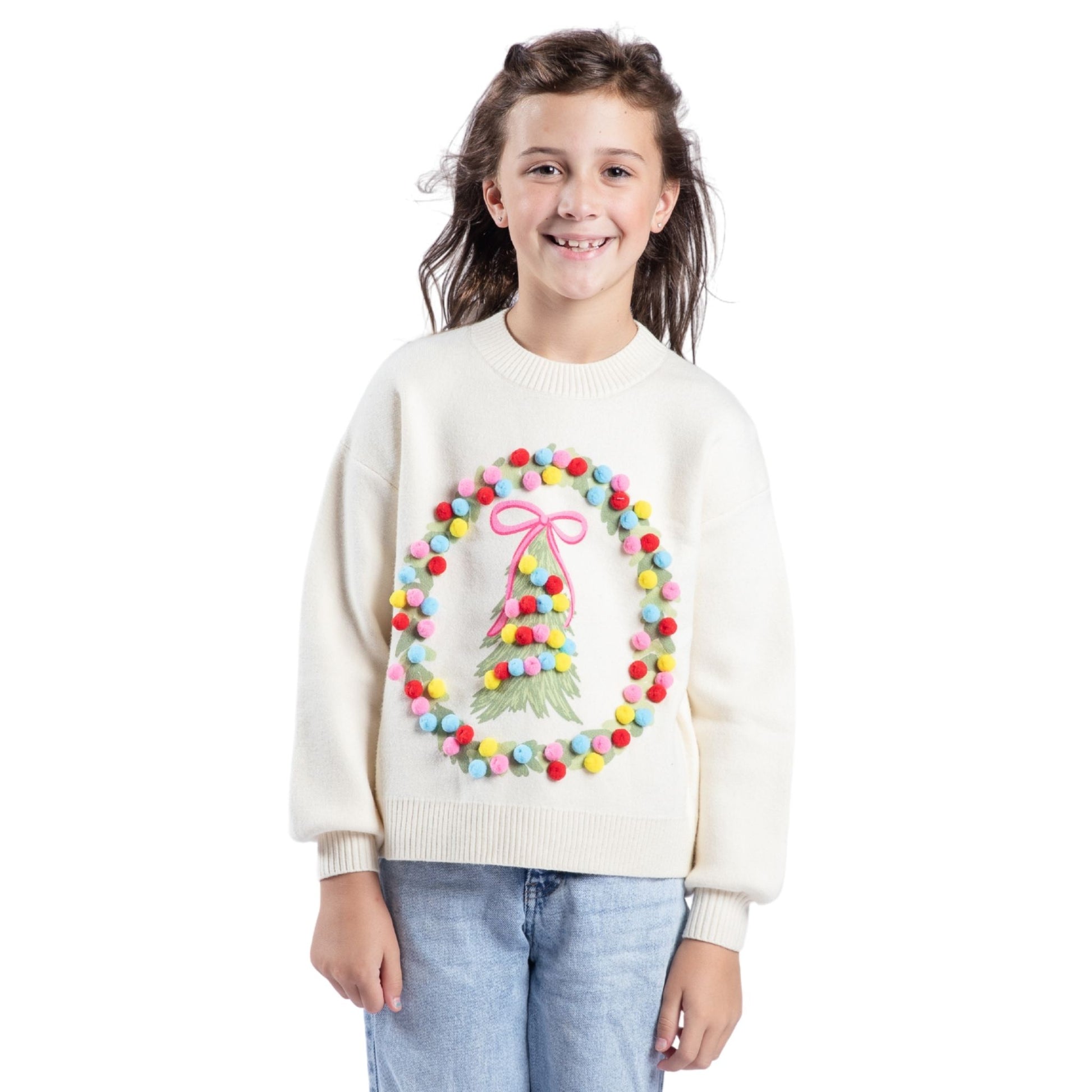 Kids Pink Christmas Cheer Cream Crew Neck Sweater S