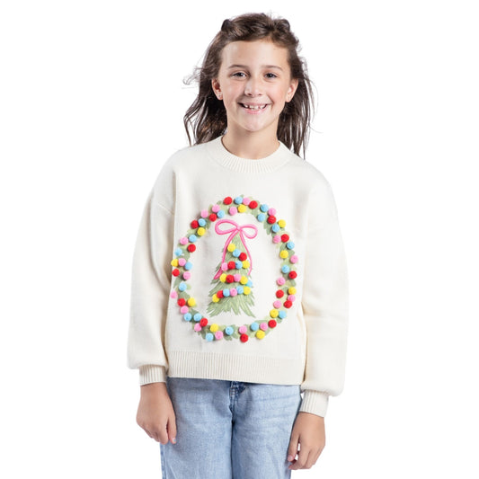 Kids Pink Christmas Cheer Cream Crew Neck Sweater S