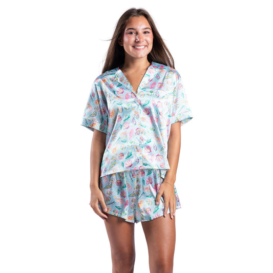 Coastal Charm Satin Pajama Short Set S