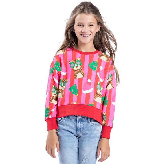 Kids Jolly Jungle Red, Pink Striped Crew Neck Sweatshirt S