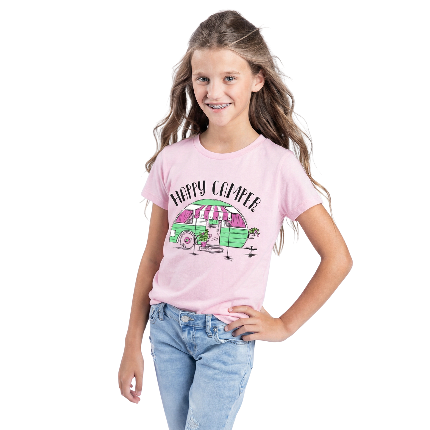 Kids Happy Camper Light Pink T-Shirt - Soft Cotton Graphic Tee