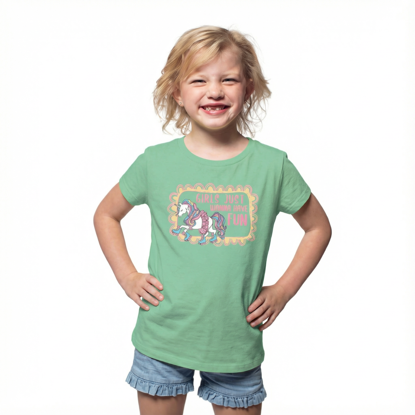 Kids Girls Just Wanna Have Fun Mint T-Shirt - Soft Crew Neck Tee