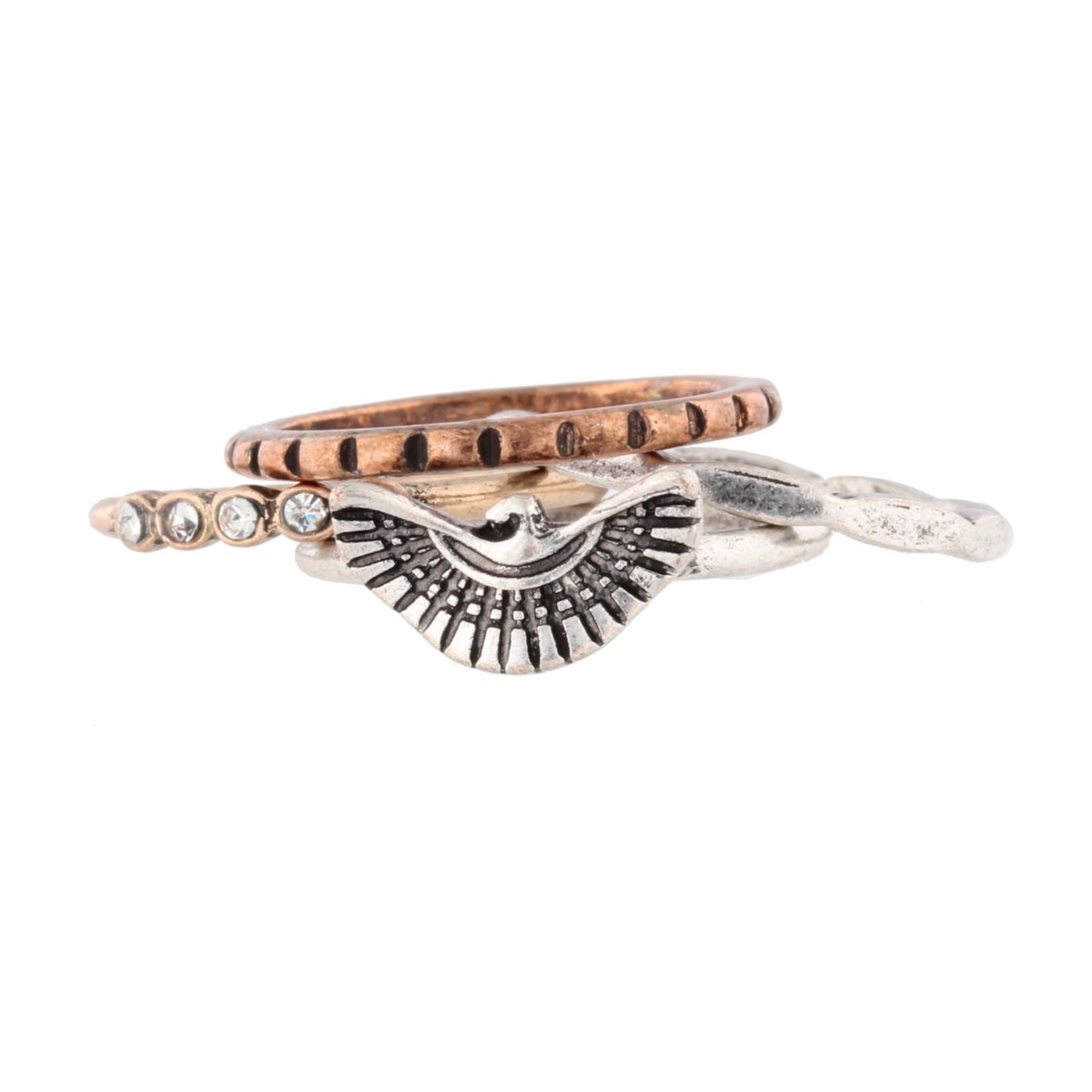 4 Mixed Metal Ring Stack, Thunderbird Ring, Rhinestone Embedded Ring a ...