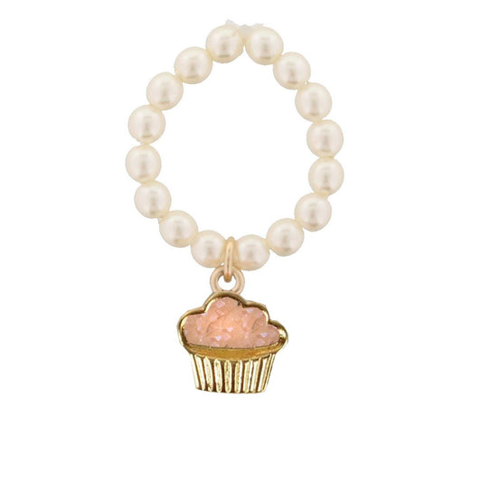 Kids Pearl Stretch Ring with Peach Cupcake Druzy