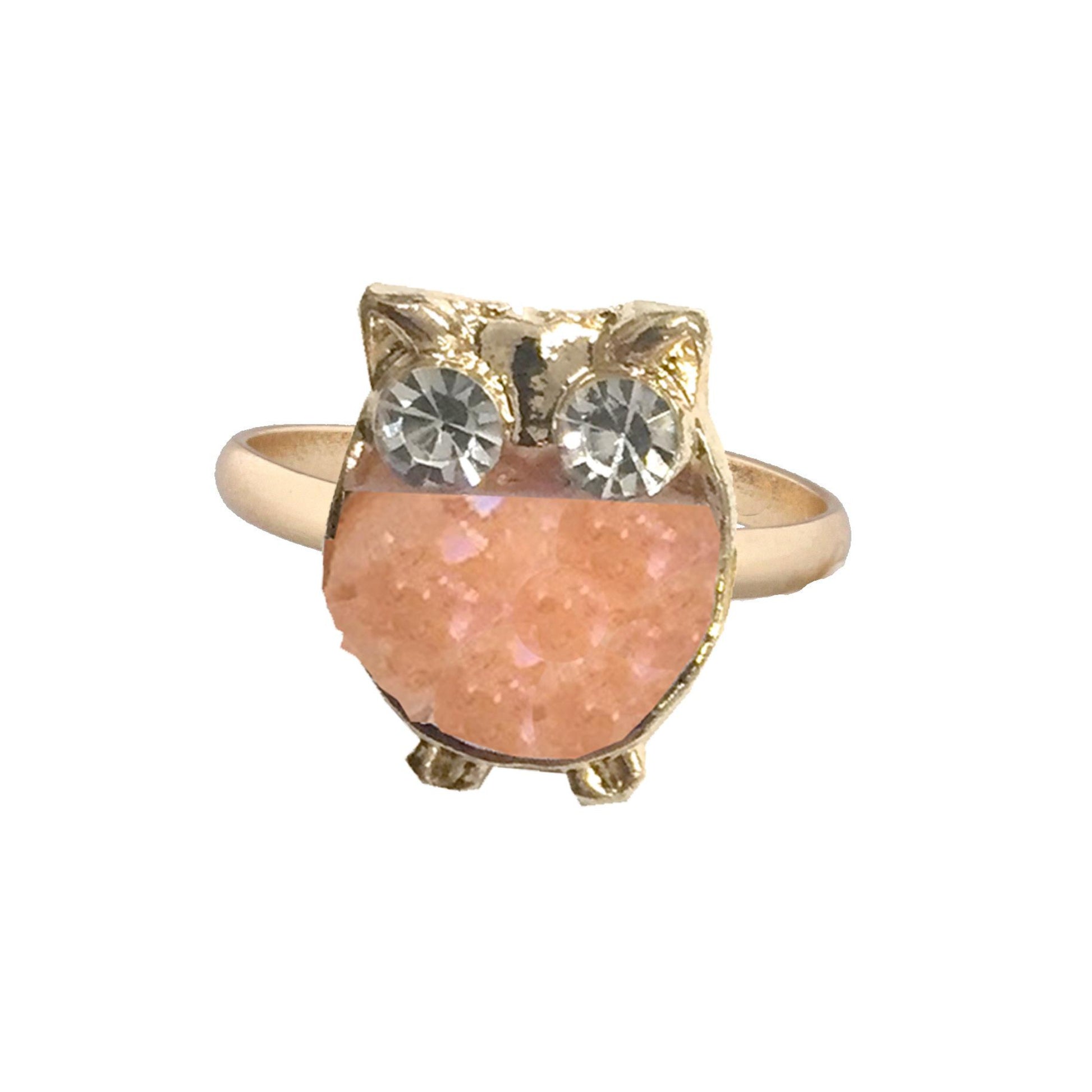 Kids Gold Ring with Peach Owl Druzy