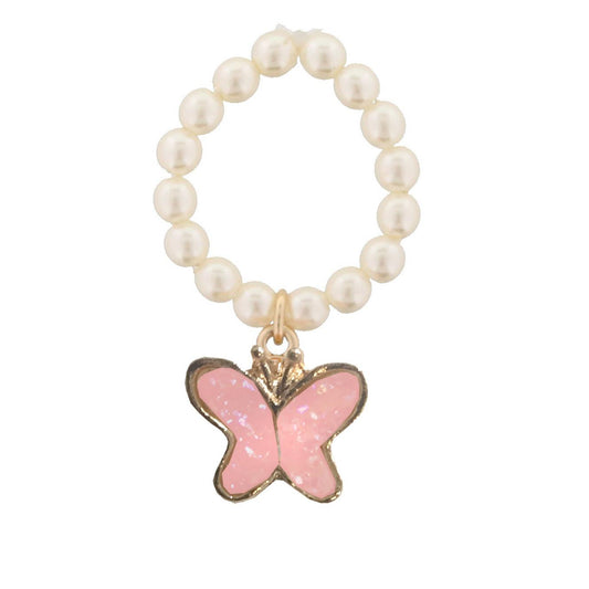 Kids Pearl Stretch Ring with Pink Butterfly Druzy