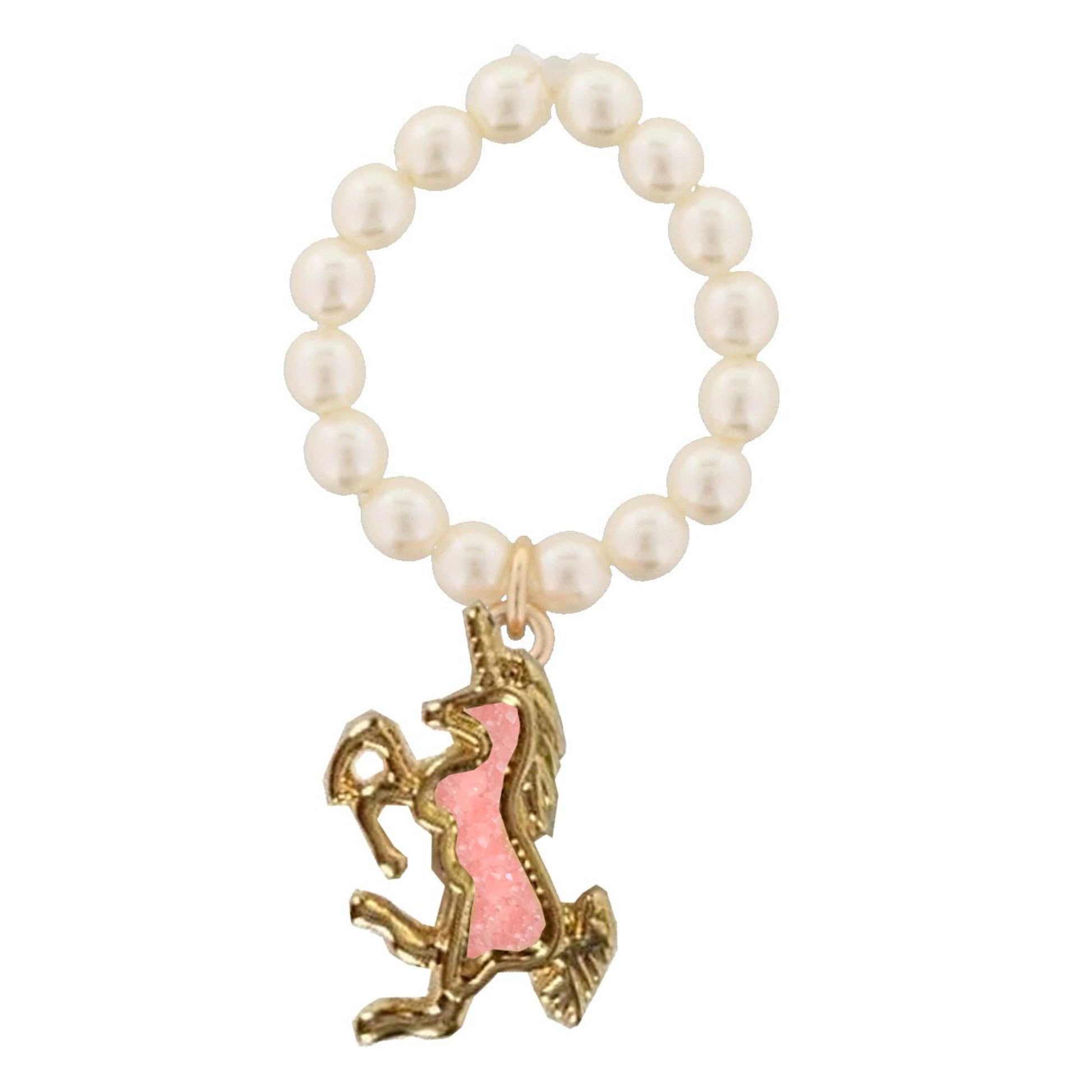 Kids Pearl Stretch Ring with Pink Unicorn Druzy