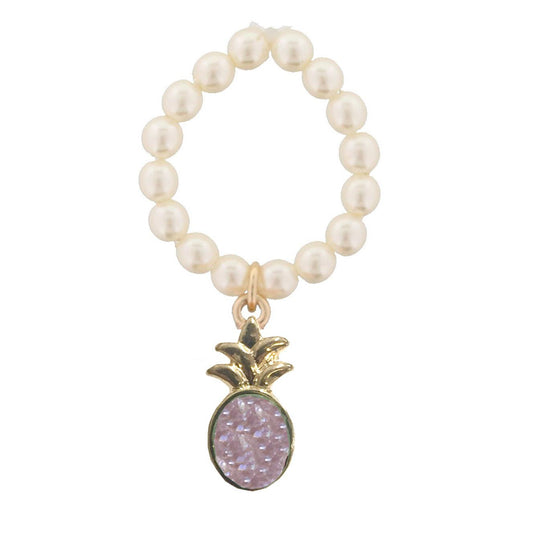 Kids Pearl Stretch Ring with Purple Pineapple Druzy