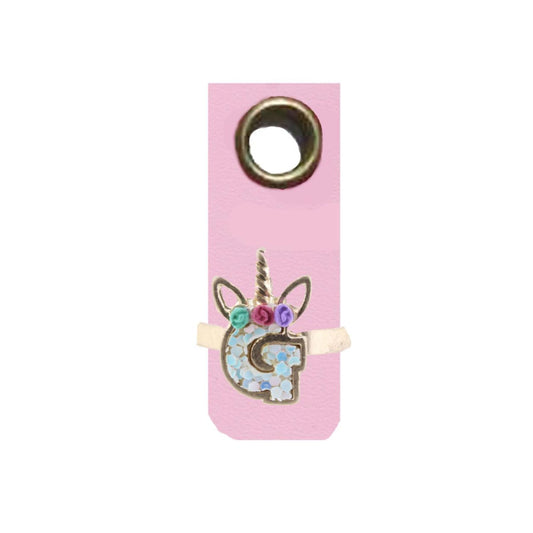 Kids Unicorn AB White Glitter Initial Ring, "G"