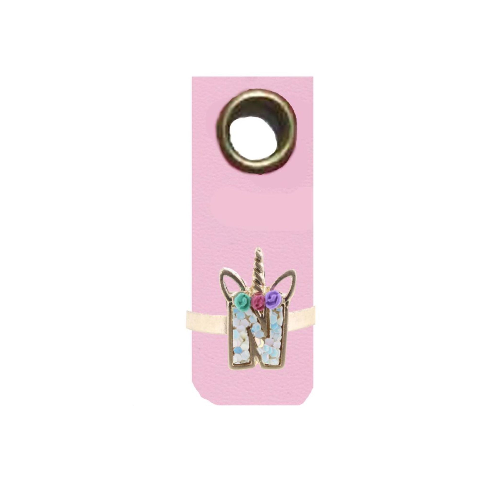 Kids Unicorn AB White Glitter Initial Ring, "N"