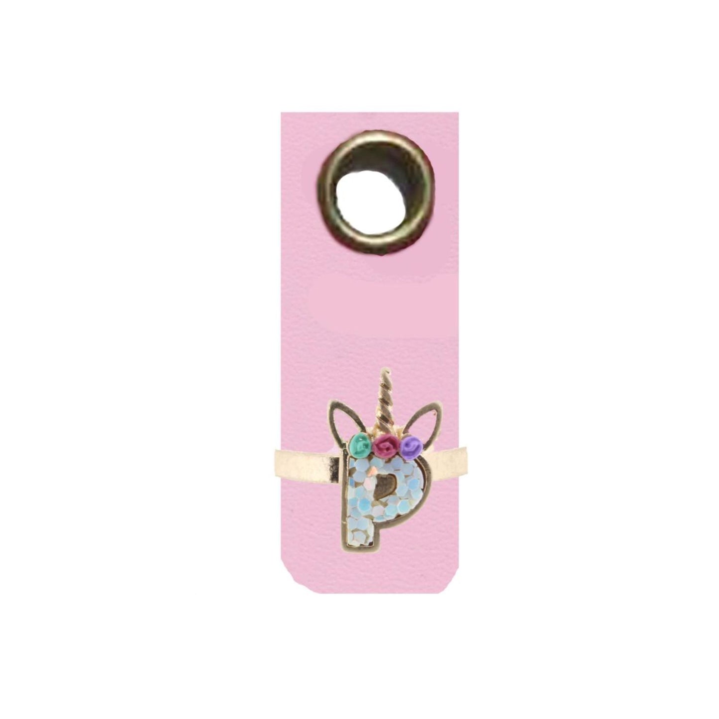 Kids Unicorn AB White Glitter Initial Ring, "P"