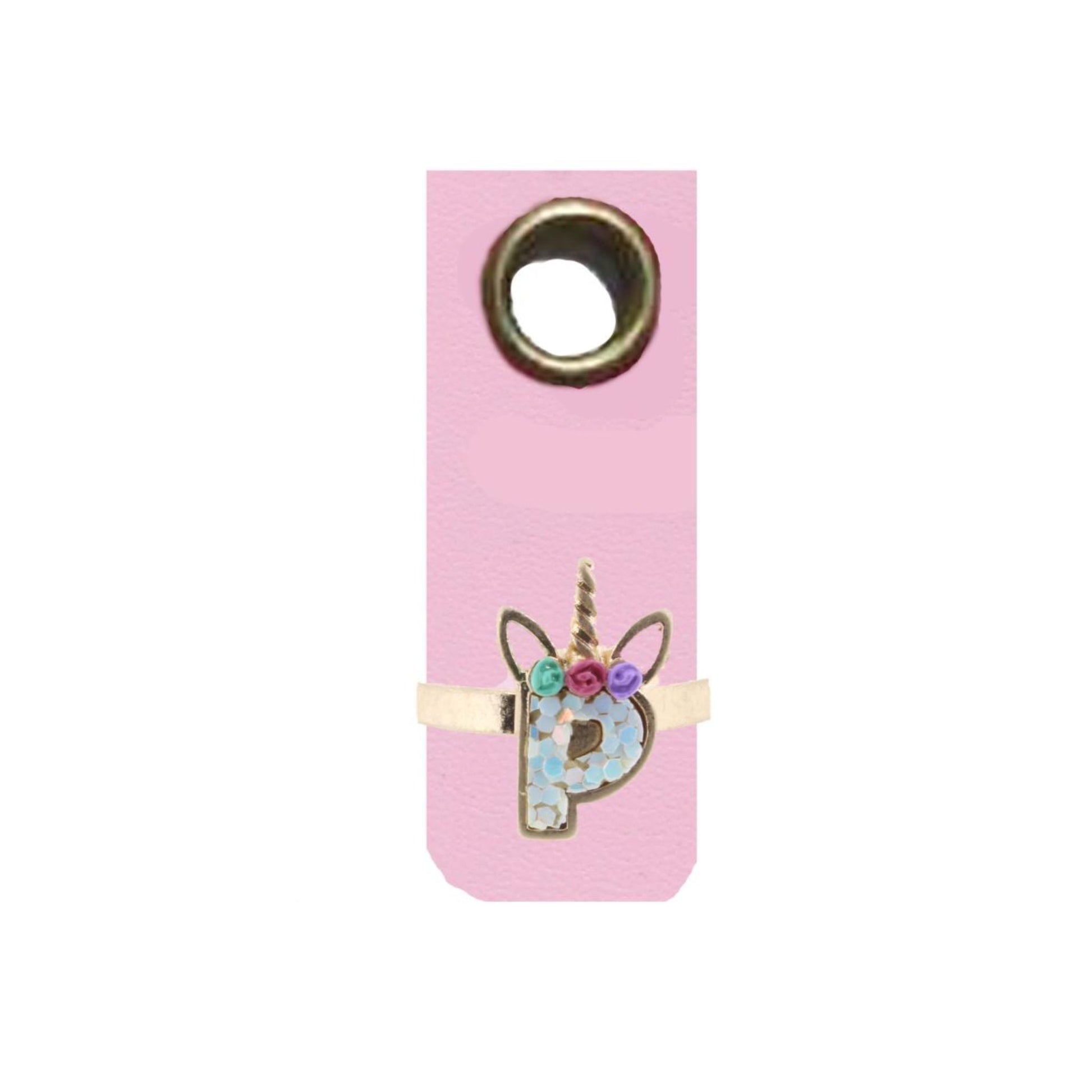 Kids Unicorn AB White Glitter Initial Ring, "P"