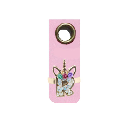 Kids Unicorn AB White Glitter Initial Ring, "R"