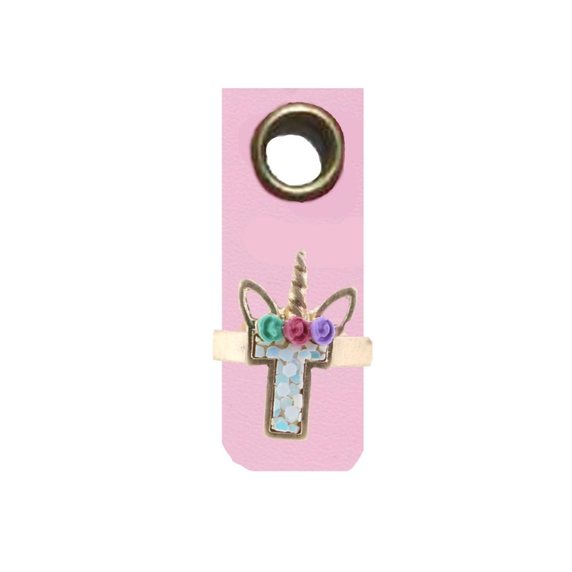Kids Unicorn AB White Glitter Initial Ring, "T"