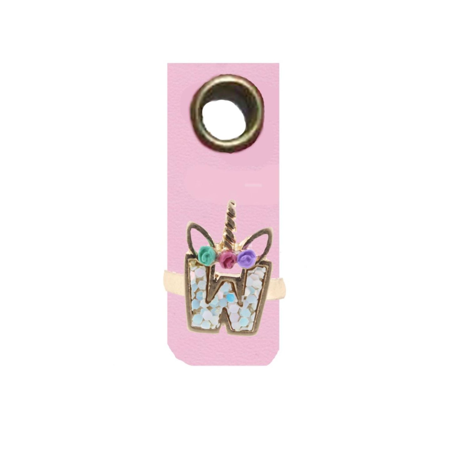 Kids Unicorn AB White Glitter Initial Ring, "W"