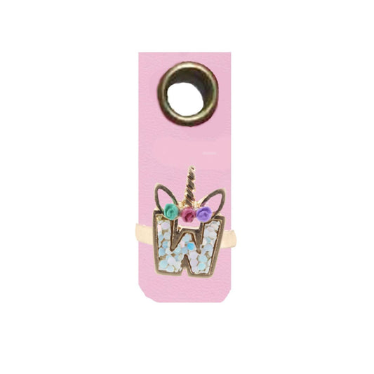 Kids Unicorn AB White Glitter Initial Ring, "W"