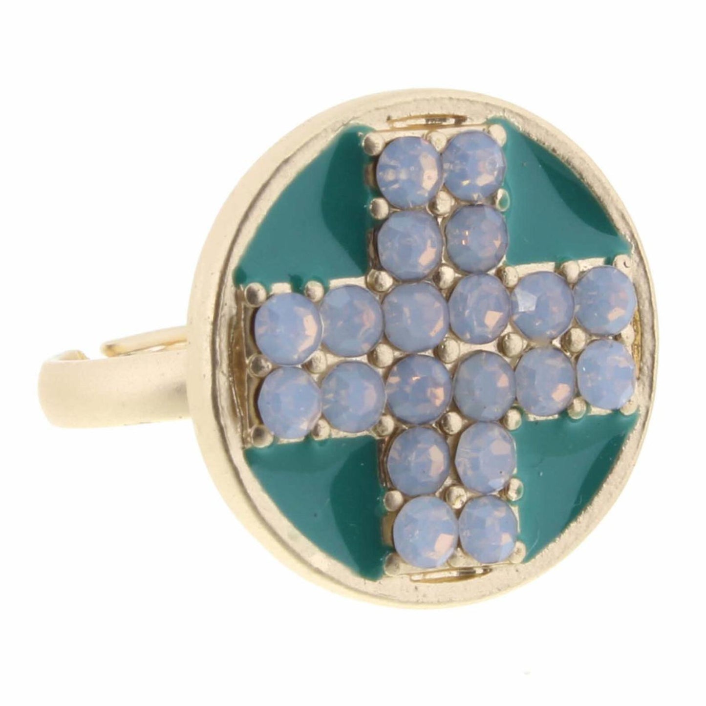 Kids Crystal Cross on Teal Enamel Circle Ring