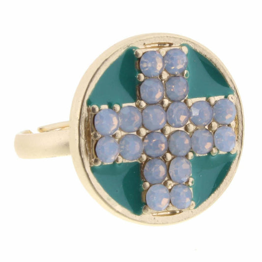 Kids Crystal Cross on Teal Enamel Circle Ring