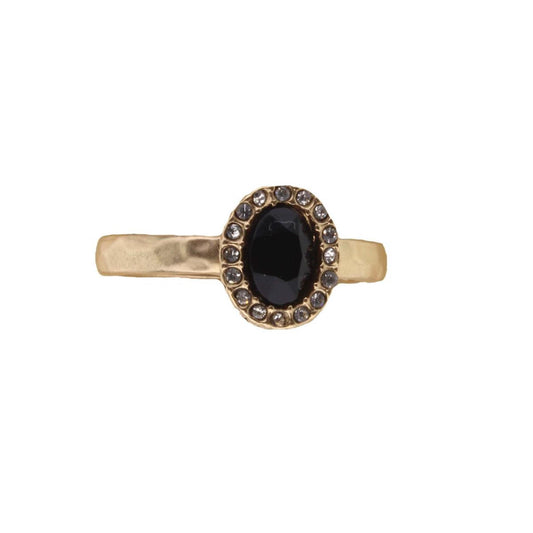 Gold Band with Jet Oval Crystal and Clear Crystal Embellishments Ring