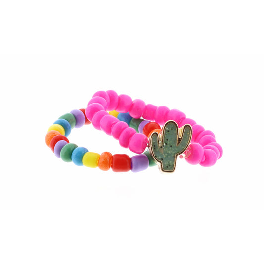 Kids Set of 2, Hot Pink Seed Bead with Cactus, Rainbow Ring