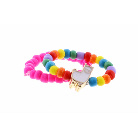 Kids Set of 2, Rainbow Seed Bead with Llama, Solid Hot Pink Ring