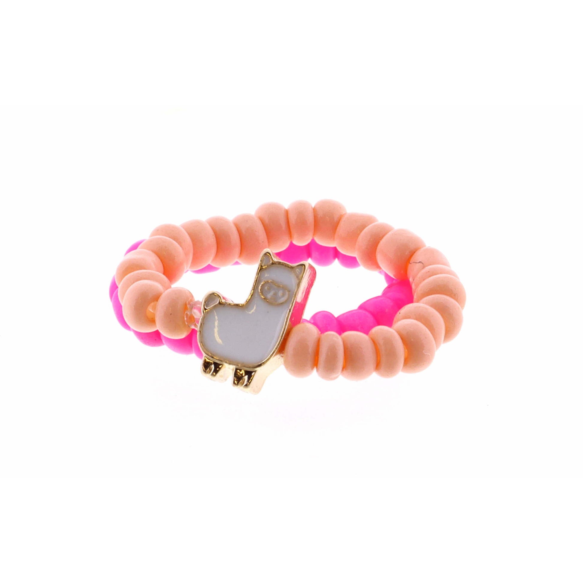Kids Set of 2, Peach Seed Bead with Llama, Pink Ring