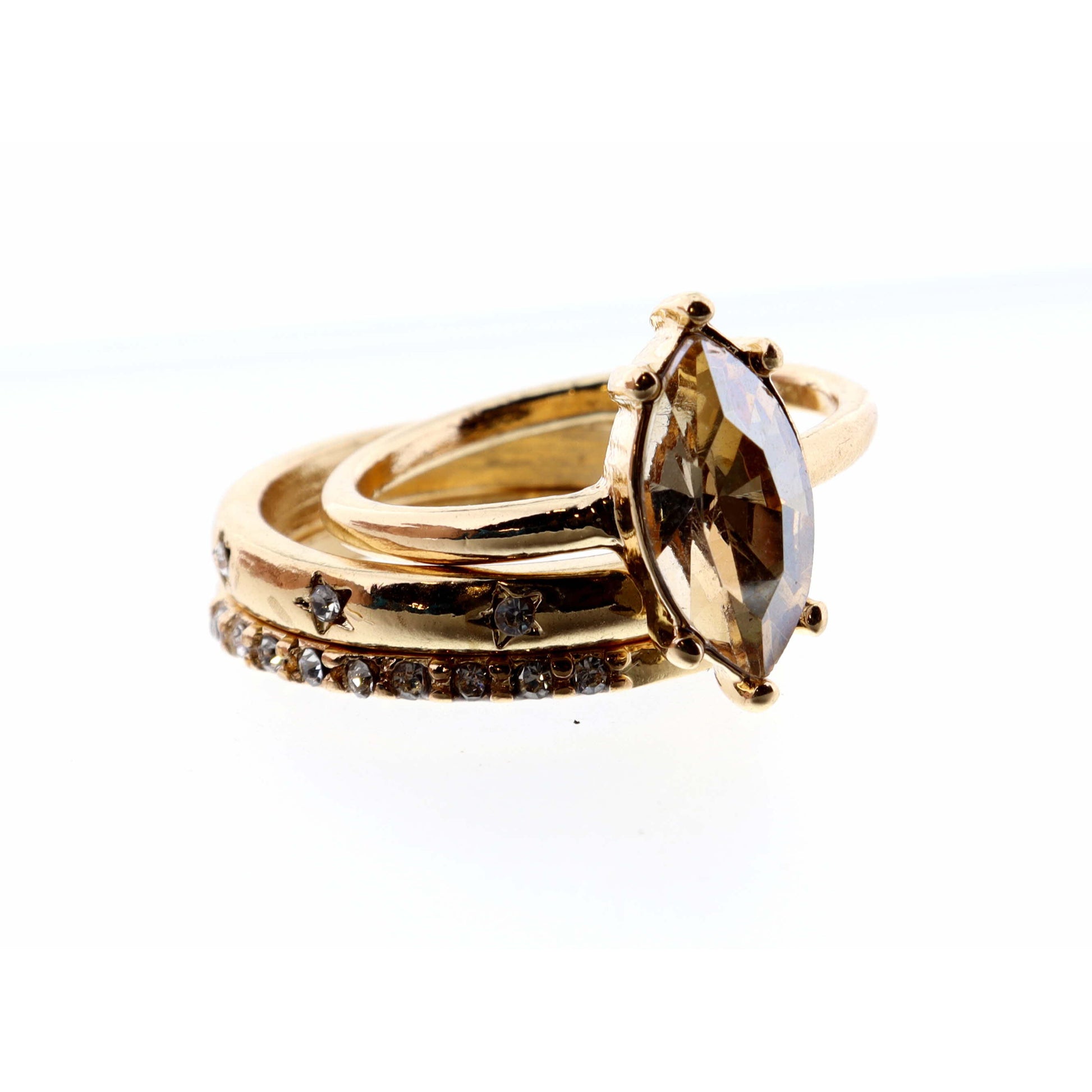Set of 3, Champagne Marquise and Clear Crystal & Gold Bands Ring