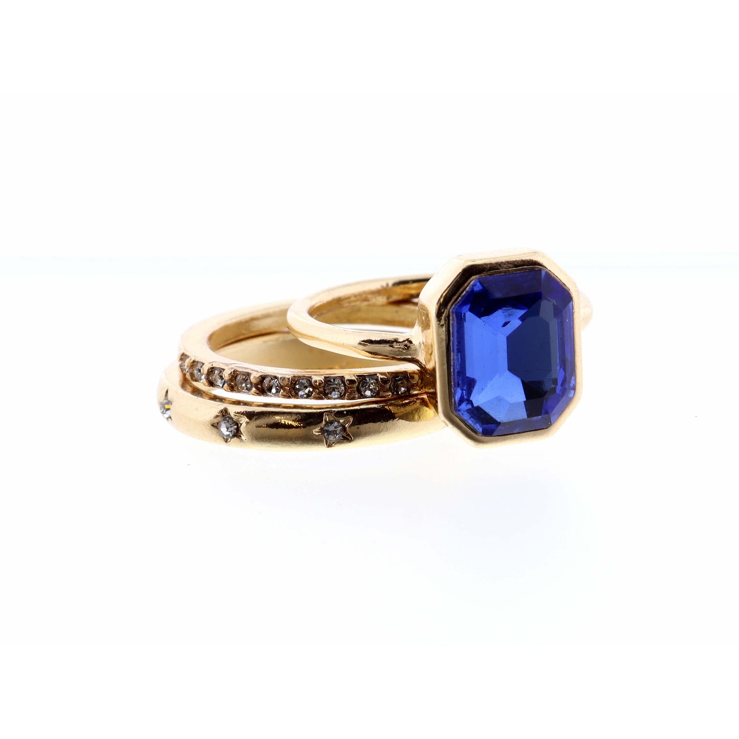 Set of 3, Sapphire Rectangle and Clear Crystal & Gold Bands Ring