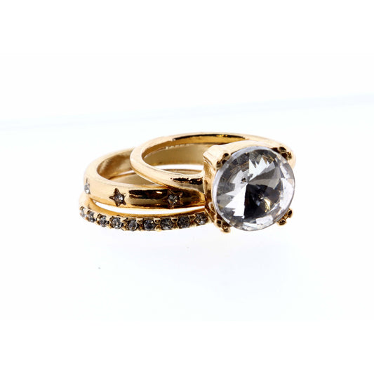 Set of 3, Clear Circle and Clear Crystal & Gold Bands Ring