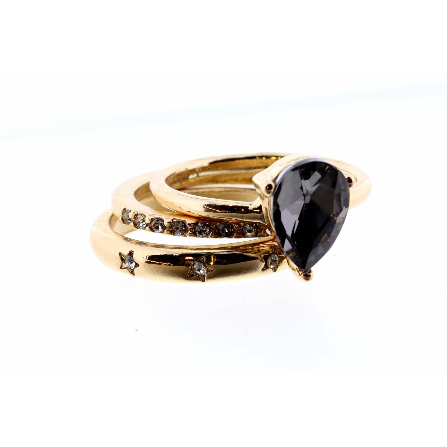 Set of 3, Black Diamond Teardrop and Clear Crystal & Gold Bands Ring