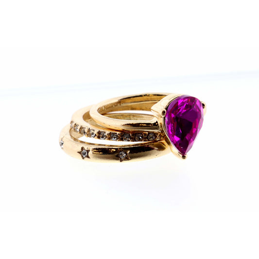 Set of 3, Hot Pink Teardrop and Clear Crystal & Gold Bands Ring